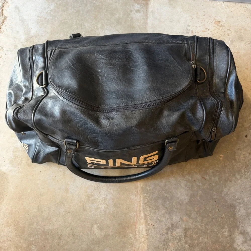 Vintage Ping Golf Vintage Black Leather Duffle Bag Travel‎ Gym Sport Logo Large